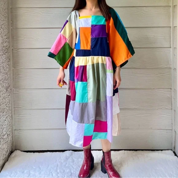 Handmade Quilted Patchwork Colorblock Dress SKU 06127 - Picture 9 of 10